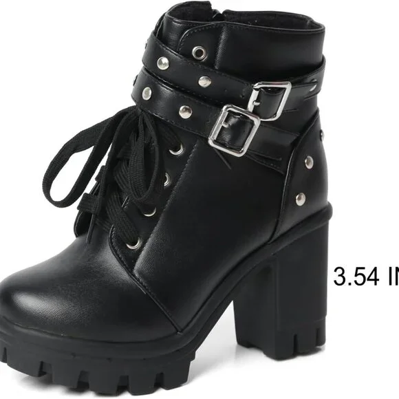 Goth Boots Microfiber Chunky Heel Ankle Combat Zipper Punk Shoes Women